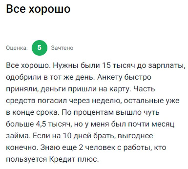 Нужна была сумма до зарплаты пятнадцать тысяч подал заявку и в тот же день одобрили деньги пришли на карту анкету заполнил быстро часть закрыл через неделю остальное чуть позже по процентам получилось немного больше четырех тысяч но срок был почти месяц если на короткий срок то выходит намного выгоднее знаю еще пару коллег которые тоже пользуются этим сервисом