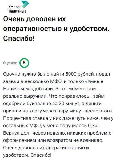 Попал в ситуацию, когда срочно нужны были 5000 рублей — подал заявки сразу в несколько МФО, но одобрили только здесь. И хорошо, что именно они: весь процесс занял от силы 20 минут. Заполнил анкету, подтвердил номер — и через пару минут деньги уже были на карте. Причём ставка оказалась ниже, чем у большинства других — у меня вышло всего 0,7%. Учитывая, что вернул займ уже через неделю, переплата вышла минимальной. Ни с оформлением, ни с возвратом проблем не возникло, всё чётко, прозрачно и удобно. Сервис определённо заслуживает доверия, рекомендую