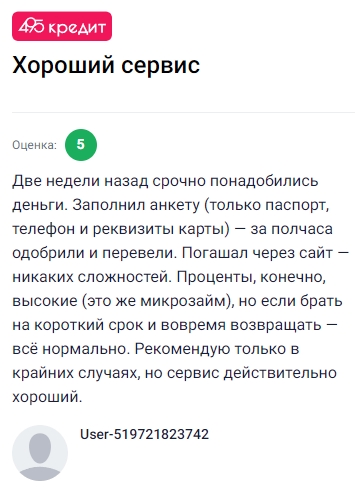 Недавно срочно понадобились деньги, и я решил попробовать этот сервис: заполнил простую анкету с паспортом, телефоном и реквизитами карты, и уже через полчаса пришло одобрение, а средства перевели без лишних заморочек. Погашение сделал через сайт, всё оказалось максимально удобно и понятно. Да, проценты высокие, ведь это микрозайм, но если брать на короткий срок и вовремя возвращать, то никаких проблем не возникает. В целом впечатление положительное — сервис действительно выручает, хотя я бы рекомендовал пользоваться им только в крайних случаях
