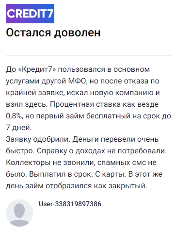Раньше я пользовался другой МФО, но после отказа решил попробовать Кредит7 и остался доволен — процентная ставка стандартная, около 0,8%, зато первый заем бесплатно на неделю. Заявку одобрили мгновенно, деньги перевели на карту без справок о доходах, никаких звонков коллекторов или лишних сообщений не было. Вернул сумму вовремя, и в тот же день заем сразу отобразился как закрытый, всё четко и удобно